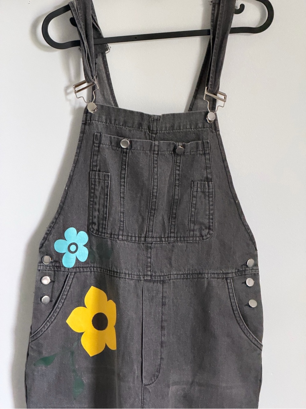 Hand-Painted Black Floral Denim Overalls Jumpsuit - Picture 5 of 8